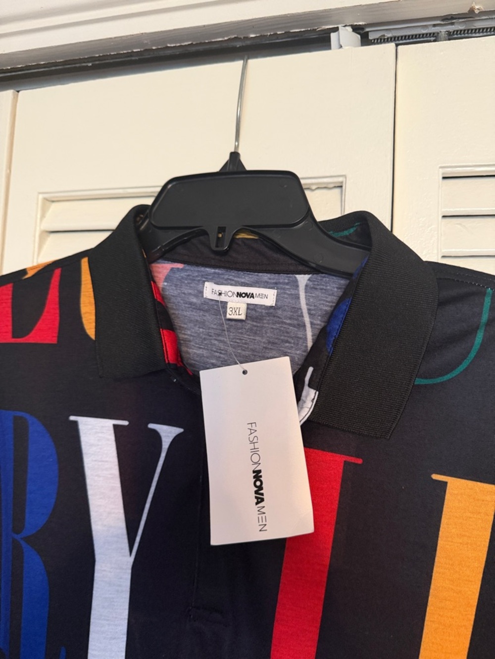 Fashion Nova Black Polo with Multicolor 'LUXURY' Print - Picture 2 of 4